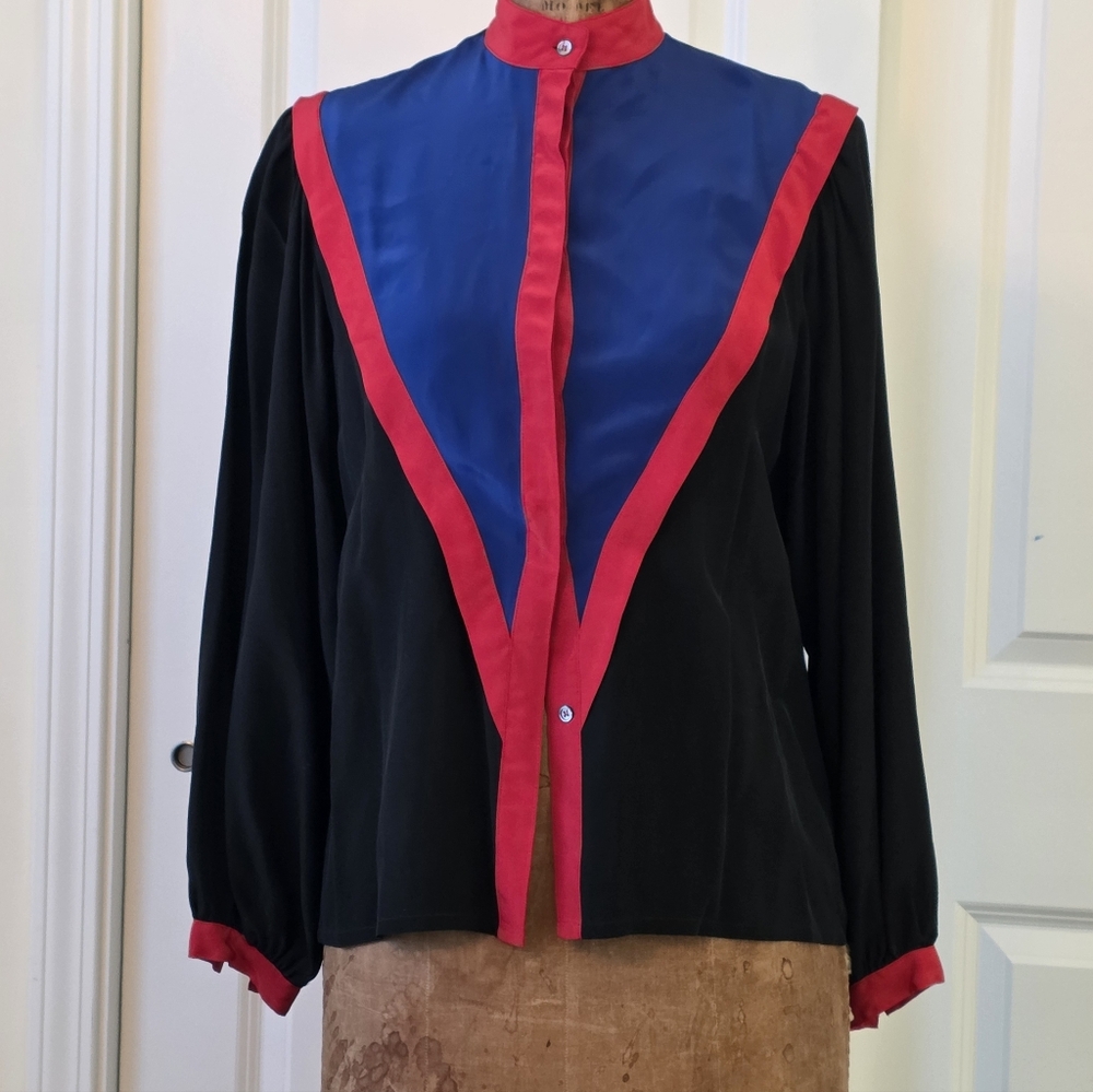 Givenchy Black Silk Blouse w/Red and Blue Details